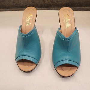 Leather mule with 3" heel, Aqua Size 4.5W